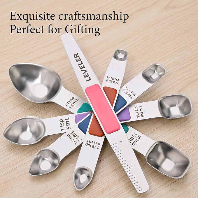 Heavy Duty Stainless Steel Measuring Spoons,Unique Dual-Head Tablespoon and Teaspoon with Bonus Leveler,Engraved Markings,Nonslip Silicone Grip,Great Baking Gift Set(colourful)(set of 5)