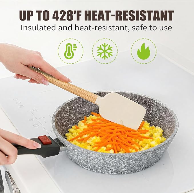 Silicone Spatula Set 5-Piece, Food Grade Heat Resistant 600°F, Wooden Handle Kitchen Utensils for Non-Stick Cookware, BPA Free Baking & Cooking Scraper Set (White)
