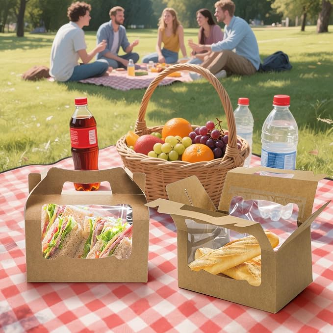 50 Pack Large Gable Box with Window, 9"x6"x6" Kraft Paper Party Favor Treat Box, Goodie Gift Boxes with Handle, Lunch Togo Boxes for Christmas Birthday Wedding Picnic Bakery Catering