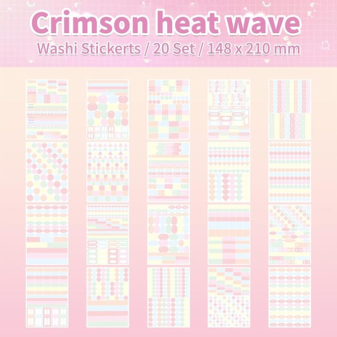 Crimson Heat Wave Label Sticker Scrapbooking Supplies for Junk Journal, 20 Sheets Stickers - Ephemera Stickers Book(TZ-012-002)