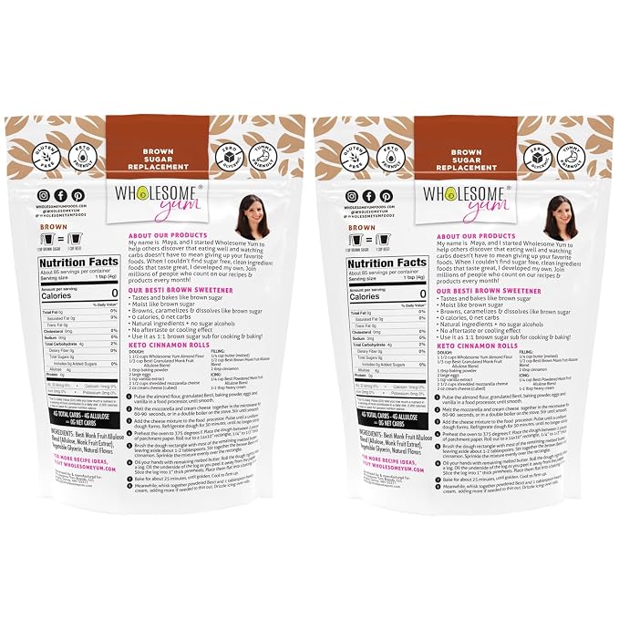 Wholesome Yum Besti Natural Brown Sugar Substitute - Keto Brown Monk Fruit Sweetener Blend With Allulose (No Erythritol) - Non GMO, Zero Carb, Zero Calorie, Sugar Free, No Aftertaste (12 oz, 2 Pack)