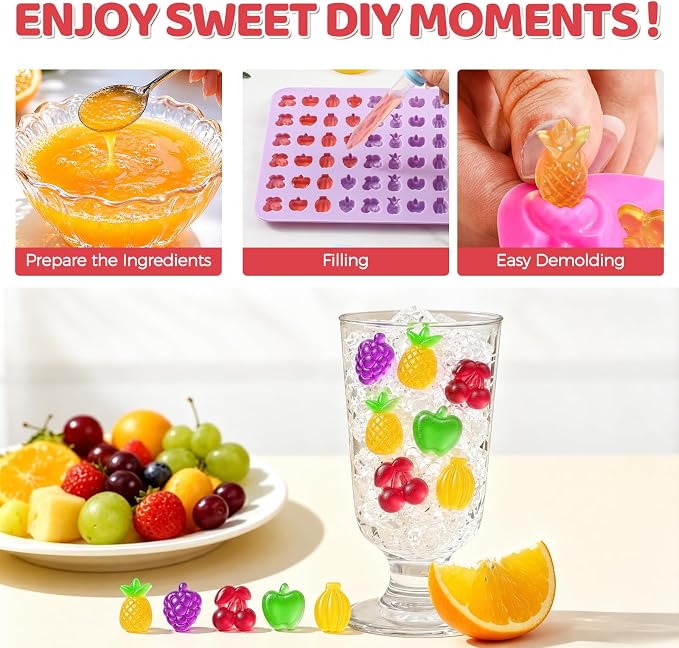 Fruit Snack Molds, 4pcs Gummy Molds Silicone Chocolate Candy Molds With 2pcs Dropper, Including Mini Pineapple, Banana, Cherry, Apple, Grape Shape