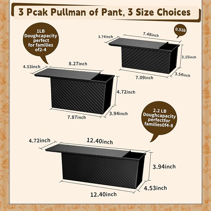 3 Pack Pullman Loaf Pan with Lids, Non-Stick Bread Loaf Pan, Heavy Duty Carbon Steel Corrugated Toast Box for Baking, Square Bread Pans for Homemade Sandwich, Bakeware (Black)