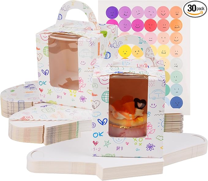 KEYIDO 30 Pcs Individual Cupcake Boxes Graffiti Pattern Single Cupcake Boxes 1 Hole Cake Box with Clear Window Inserts and 2 Sheets of Stickers for Wedding Birthday Party Favors