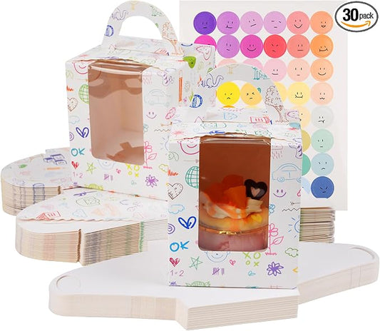 KEYIDO 30 Pcs Individual Cupcake Boxes Graffiti Pattern Single Cupcake Boxes 1 Hole Cake Box with Clear Window Inserts and 2 Sheets of Stickers for Wedding Birthday Party Favors
