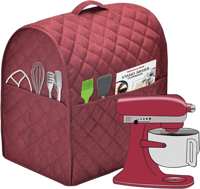 Stand Mixer Cover compatible with Kitchenaid Mixer, Fits All Tilt Head & Bowl Lift Models with 3 Organizer Bag for Accessories. (Dark Red, For Tilt Head 4.5-5 Quart)