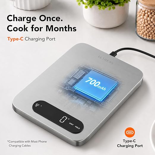 Ultrean IPX7 Waterproof Digital Food Scale, 33lb Kitchen Scale with Grams and Ounces (g/oz), Rechargeable Type-C, 1g Precision, 304 Stainless Steel, LED Display for Cooking, Baking & Meal Prep