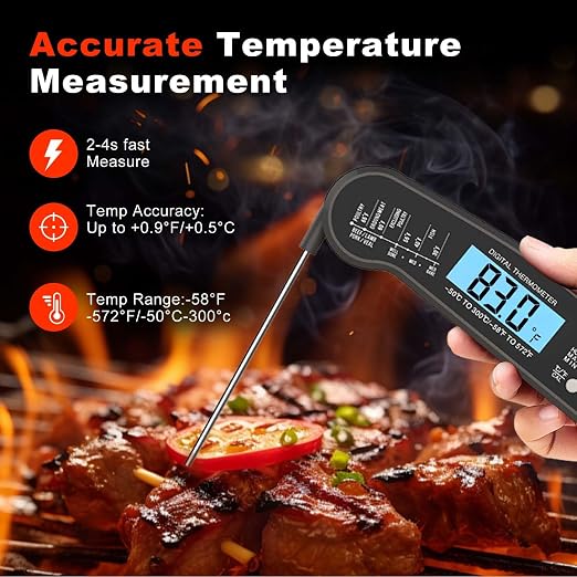Digital Instant Read Food Thermometer with Backlight, LCD Display, Calibration Function, Built-in Bottle Opener for Grilling, BBQ, Turkey, Candy, Liquid Temperature Measurement, Black