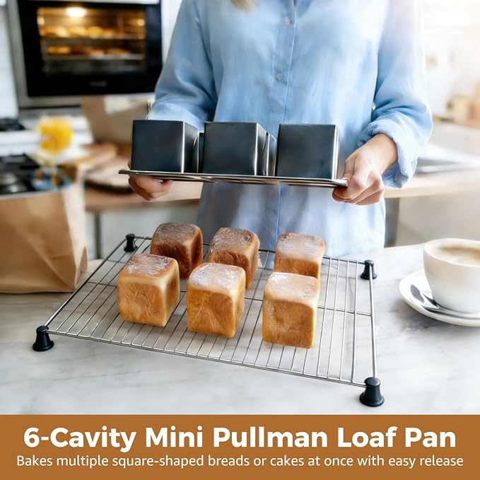 6-Cavity Mini Pullman Loaf Pan with Lid, 10.24 x 6.89 x 2.36 in Nonstick Square Bread Baking Pan, Carbon Steel Toast Box Mould with Cover for Oven, Dark Gray
