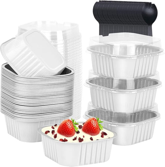 LNYZQUS Mini Cake Pans with Lids and Spoons,10oz Disposable Small Foil Baking Tins,40 Pack Individual Cake Containers for Home Bakers Bake Sales-White,4x4 Square