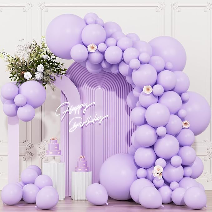 104pcs Pastel Purple Balloons Garland Arch Kit, 18 12 10 5 Inch Macaron Light Lavender Lilac Latex Balloons for Baby Bridal Shower Wedding Birthday Butterfly Party Decorations
