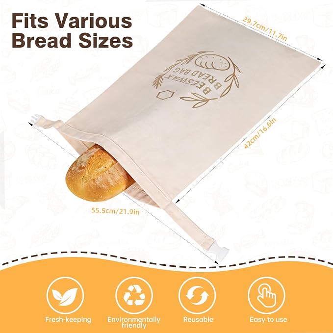 2 Pack Beeswax Bread Bags for Sourdough Homemade Bread, XL Reusable Bread Storage Bag, Organic Waxed Line and Linen Fabric Bread Bag for Home Bakers, Picnics Work or Gift-Giving