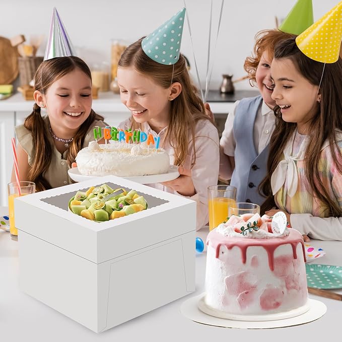 6 Pack Cake Boxes, 10x10x8 Inches Tall Cake Box with Cake Boards, White Bakery Boxes with Large Window, Disposable Cakes Transport Containers with Lids, for Cookies, Pies, Wedding, Birthday