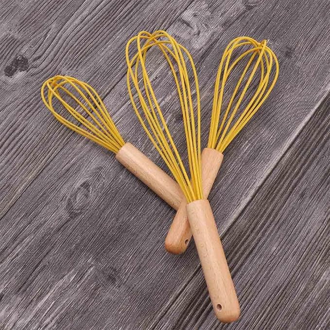 3 Pcs Silicone Whisks With Wooden, Non Scratch Coated Whisks, Balloon Whisk Egg Beater For Cooking, Blending, Whisking, Beating, Stirring