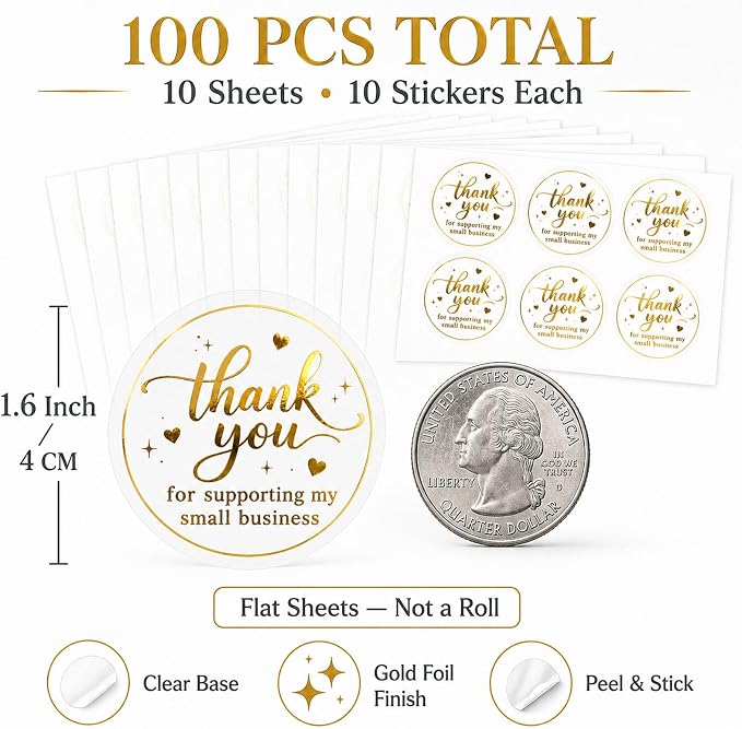 100PCS Thank You for Supporting My Small Business Stickers, Clear Black Thank You Labels for Packaging, Gift Bags, Bakery Boxes & Handmade Business Orders 1.6 Inch (Gold)