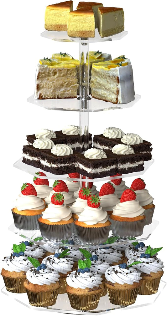5-Tier Rotating Cupcake Stand, Clear Acrylic 360° Spinning Dessert Display Tower for Cakes & Pastries, Serving Stand for Weddings, Birthdays, Parties-Polygon