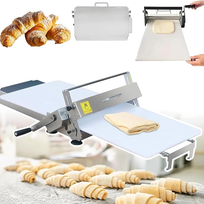 Foldable Manual Dough Sheeter Machine in Stainless Steel, Adjustable Thickness 0-25mm for Pizza, Croissant & Fudge Crust, Compact Design for Home Kitchen and Commercial Bakery