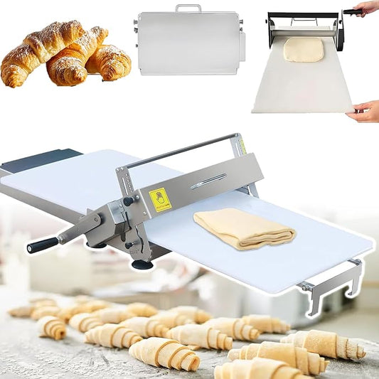Foldable Manual Dough Sheeter Machine in Stainless Steel, Adjustable Thickness 0-25mm for Pizza, Croissant & Fudge Crust, Compact Design for Home Kitchen and Commercial Bakery