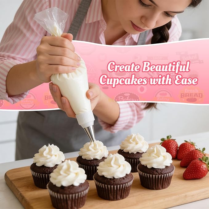 Cleangor Piping Bags and Tips Set, 16 Inch 114 Pcs Cake Decorating Kit with 100 Disposable Icing Bags, 2 Reusable Pastry Bags, 7 Stainless Steel Frosting Tips, 2 Couplers, 2 Bag Ties and 1 Brush