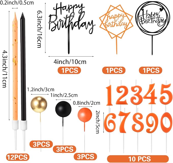Yerliker 34 Pcs Happy Birthday Cake Toppers Decorations Birthday Candles DIY Cake Decor for Men Women Wedding Anniversary(Orange Black Gold)