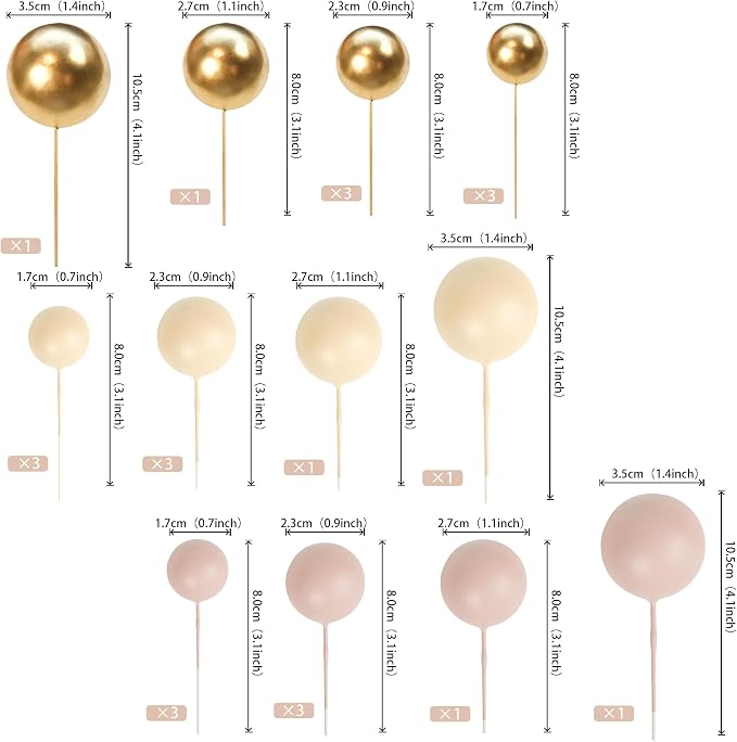 24 PCS Colorful Balls Cupake Toppers Mini Balloon Cake Toppers DIY Foam Ball Cake Insert Decoration for Wedding Anniversary Baby Shower Birthday Party Decorations Supplies Light Brown Khaki Gold