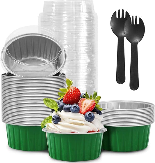 St. Patrick's Day 50Pcs Mini Aluminum Foil Cupcake Baking Cups,5oz Cake Pans Disposable,Mini Loaf Pans with Lids,Disposable Ramekins,Tin Cups Containers for Cupcake,Pudding,Muffin(50, Green)