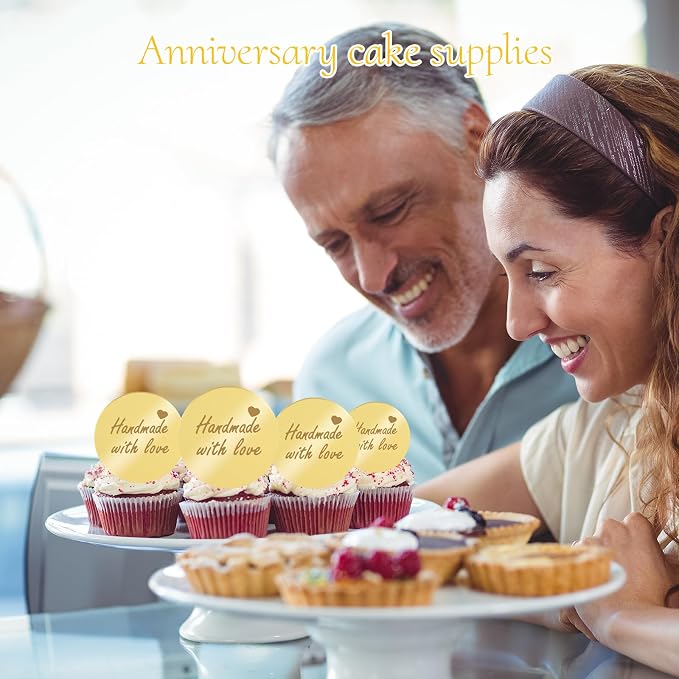 20Pcs Gold Handmade Cupcake Topper Acrylic Mirror Handmade Tags for Mother's Gift Gift Decorations Birthday Thanksgiving Party Favors Round Tags Decorations for Teacher Appreciation DIY Crafts