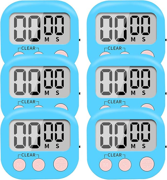 6 Pack Small Digital Kitchen Timer Magnetic Back and ON/Off Switch,Minute Second Count Up Countdown (Blue)
