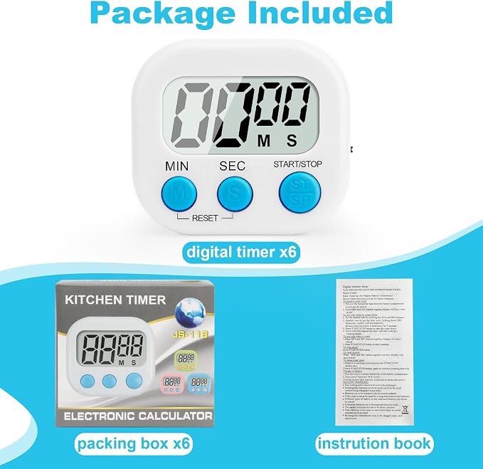 6 Pack Digital Kitchen Timer Multi-Function Magnetic Timers Classroom Timer for Kids Loud Alarm Big LCD Display Electronic Count Up Countdown Timers for Cooking, Classroom, Exercise, Study, Meeting