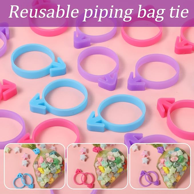 Piping Bag Ties 60 PCS Pastry Bag Ties Silicone Icing/Piping/Pastry/Frosting Bag-Ties Includes 3 Color Reusable Piping Bags Clips for Cupcakes Cookies and Pastry Seal