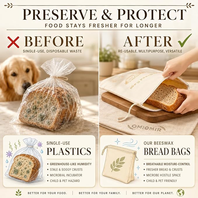 2-Pack XL Beeswax Bread Bags, 13"×17" Large Capacity, Natural Bees Wax & Cotton Re-usable Storage for Fresh Food, Home Baking & Sourdough Loaves, Easy-Access Wide Zipper Seal, Breathable Moisture Lock