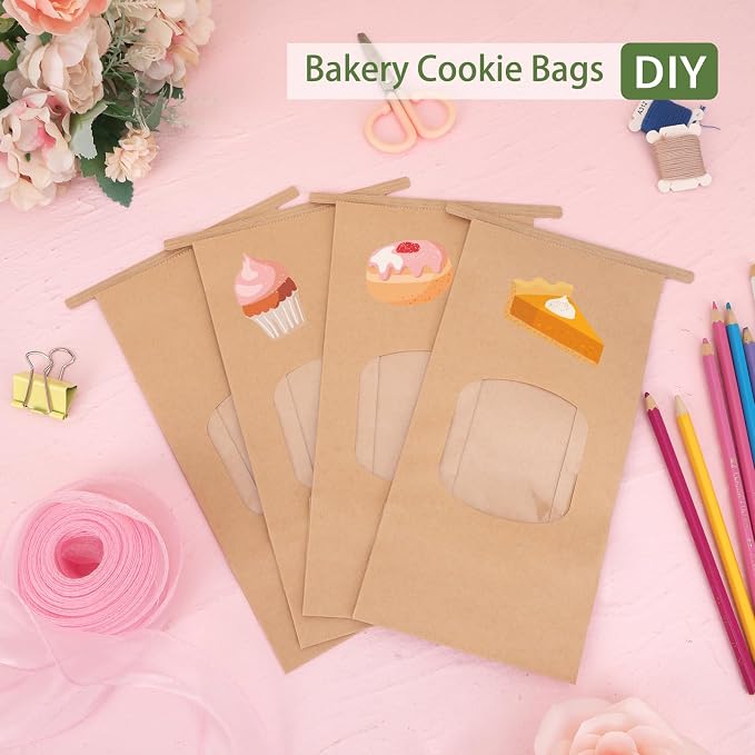Moretoes Cookie Bags with Seal 55pcs 4.65x2.6x9.72in, Seal by Tin Tie Tab, Medium Brown Kraft Paper Bakery Bags with Window for Cookie Coffee Treat Bread Bagel Pastry Bakery Gift Giving Packing