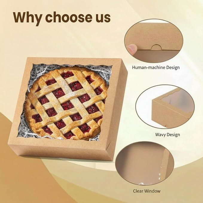 25Pack 9x9x2.5 Kraft Brown Bakery Boxes with Clear Window | Pie Boxes, For Chocolate Strawberries, Pastries, Muffins, Donuts, Cookie, Breakable Heart