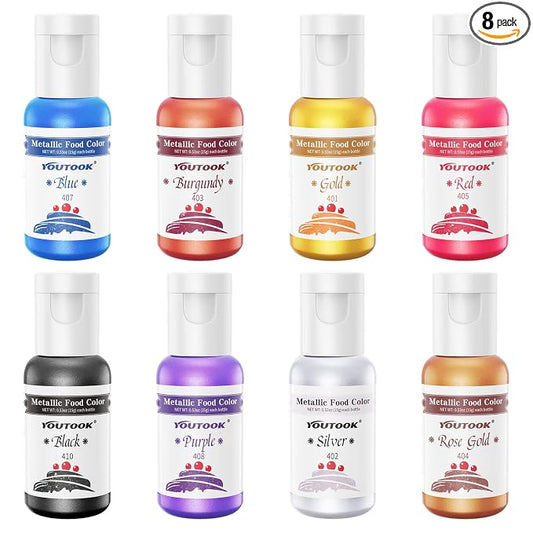 Food Coloring Metallic Color Paint, 8 Colors Most Popular YouTook Metallic Edible Paint for Airbrush Cake Paint, Baking, chocolate, candy, donuts, biscuits, DIY Supplies Kit. 0.53 Fl. Oz Each Bottles