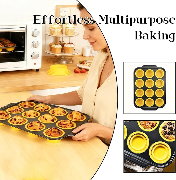 Collapsible Silicone Cupcake Pan, Egg Bites Silicone Mold & Donut Molds for Baking, 12-Cavity Pressable Tray, Perfect for Muffins, Egg Bites & Donuts