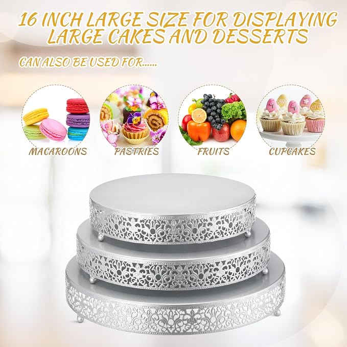 Wenqik 3 Pcs 16'' 14'' 12'' Metal Silver Cake Stand Round Cake Stands for Dessert Table Cookies Fruit Serving Tray Cupcake Dessert Pastry Riser for Wedding Birthday Party and Events(Classic Style)