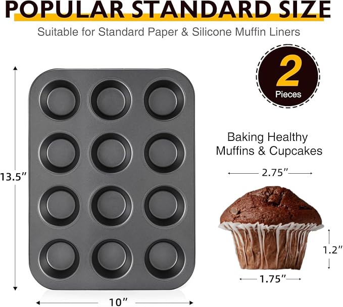 HONGBAKE Non-Stick Muffin Pans, Cupcake Pan with Silicone Baking Cups, 2 Pack Non toxic Healthy Muffin tin, Heavy duty-Dark Grey