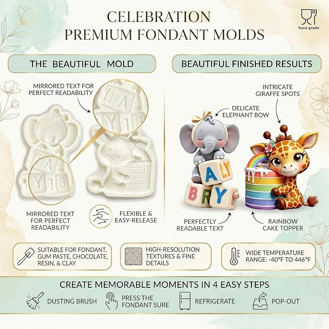 2Pcs 3D Elephant Giraffe Silicone Molds, Jungle Animal Cake Decorating Fondant Molds for Cake Decorating, Gum Paste, Birthday, Chocolate, Candy, Resin, Flexible Paste Pastry Baking Tool