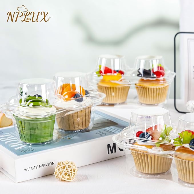 NPLUX 2 Count Cupcake Containers 75 Pack Cupcake Holder with Connected Airtight Lid Cupcake Boxes for 150 Cupcakes Muffins, BPA Free, Standard Size