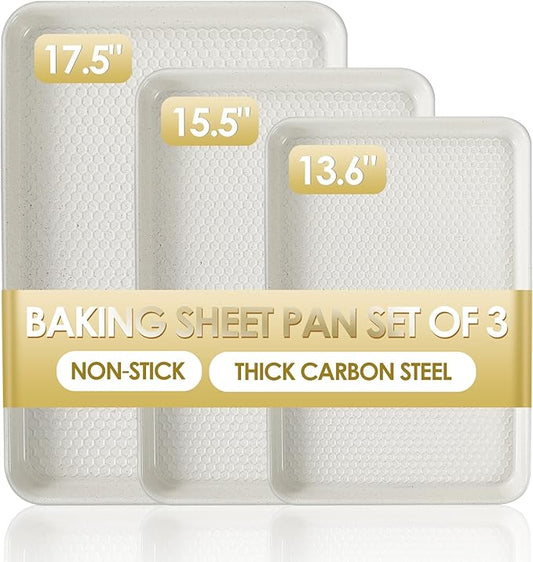 Baking Sheet Pan Set of 3, Nonstick Carbon Steel Cookie Sheets with Texture | Commercial Half/Quarter/Jelly Roll Pans Replacement Toaster Oven Tray, Heavy Duty & Easy Clean, White