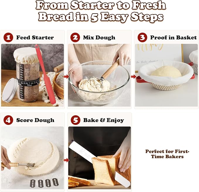 Sourdough Starter Kit, 13 PCS Bread Making Kit with 24 oz Sourdough Starter Jar, 9” Banneton Proofing Basket, Dough Whisk, Bread Lame, Thermometer, Bread Knife for Beginners and Home Bakers