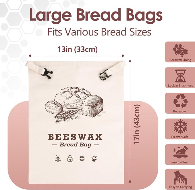 Beeswax Bread Bags，Extra Large 2 Pack- 17"×13" Reusable Sourdough Bread Bags for Homemade Bread