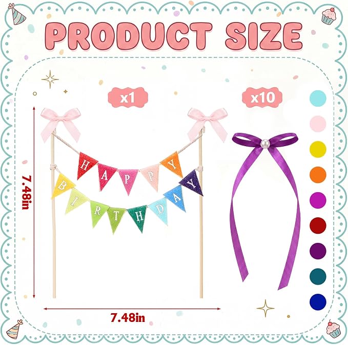 Honeydak Colorful 11 Pcs Bow Ribbon Cake Topper Happy Birthday Cake Bunting Topper with Wood Pole Handmade Pennant Flags with Bows Ribbon for Birthday, Bridal Party Decoration