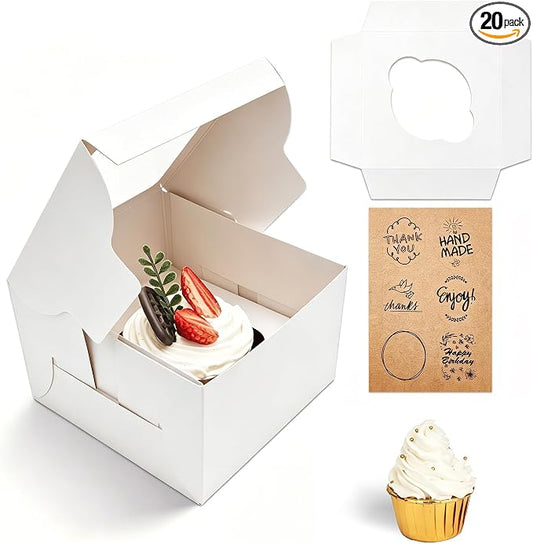 Jotique Cupcake Boxes with Window, 20 Sets 4.5x4.5x3 Inch White Paper Bakery Boxes for Single Cupcake, Cookies and Muffins, Sturdy Disposable Treat Boxes for Individual Pastry, Baked Good, Gift Giving