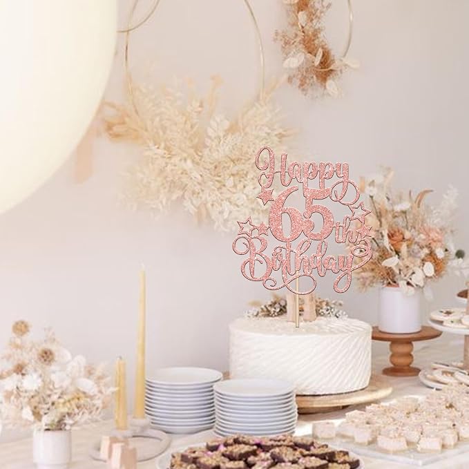 1 PCS Happy 65th Birthday Cake Topper Glitter Cheers to 65 Years Birthday Cake Pick Hello 65 Fabulous Cake Decoration for Happy 65th Birthday Anniversary Party Decorations Supplies Rose Gold