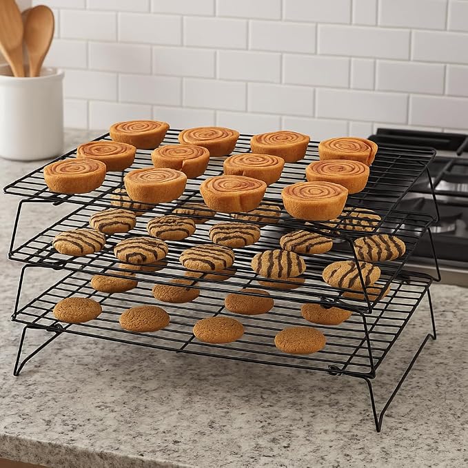 3 Tier Stackable Cooling Rack for Baking – 15.75" x 10" Carbon Steel Wire Cookie Cooling Racks, Multi-Level Stackable Cookie Rack for Cakes, Pastries & Fruit – Collapsible & Dishwasher Safe