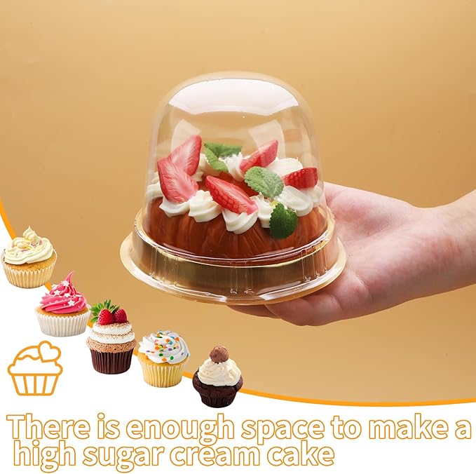 Hewnda 50 Sets Cake Box - Internal Size Diameter 4-3/8 Inch X Height 4-1/8 Inch Clear Plastic Dome Carrier - Single Cake Container Carry Reinforcement Stickers (Gold)