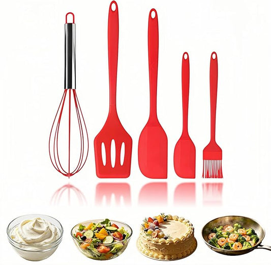 6-Piece Silicone Spatula Set, Heat Resistant Up to 230°C, Non-Scratch Non-Stick Cookware, Seamless One-Piece Design,with Pastry Brush for Baking Cooking Mixing (Red)