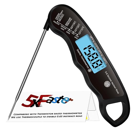 0.6S Instant Read Digital Meat Thermometer Pen for Outdoor BBQ, Grilling, Smoking, Oven Baking, Oil, Candy with Factory-Calibrated Waterproof Magnetic Backlit Flip Display, Motion Sensor.
