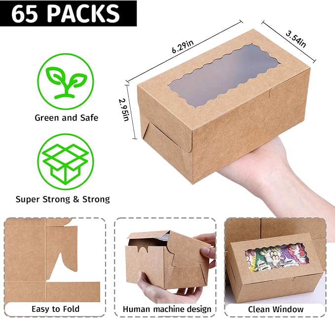 65 PCS Brown Bakery Boxes with Window - 6.29x3.54x2.95 Inches Cookie, Pastry, Treat, Cupcake, Cake, Dessert Boxes, Small Gift Boxes for Party, Business(Kraft)